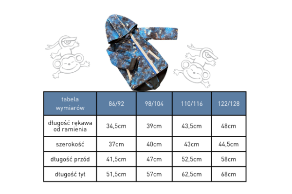 wymiary kurtki dziecięcej wzór kosmos